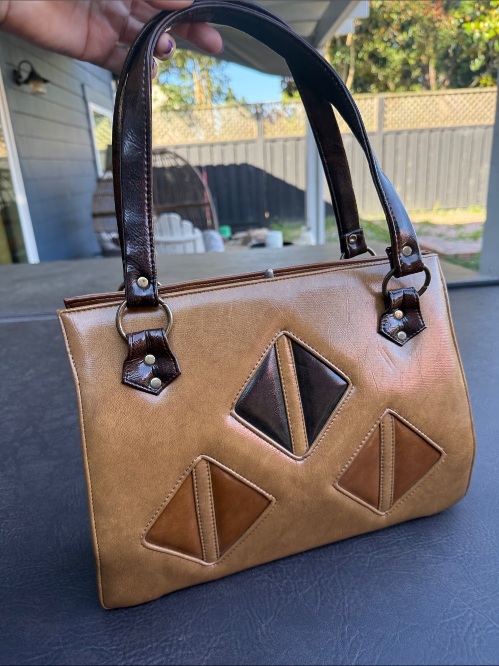 Vintage Trio Brown Geometric Accent Tote Bag 1960’s vinyl large funky